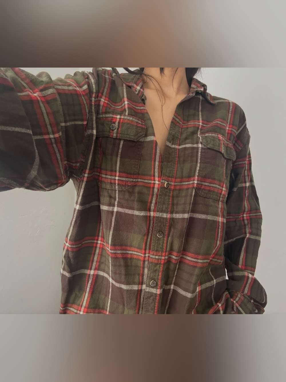 George Olive Green and Orange Plaid Button-Down Shirt